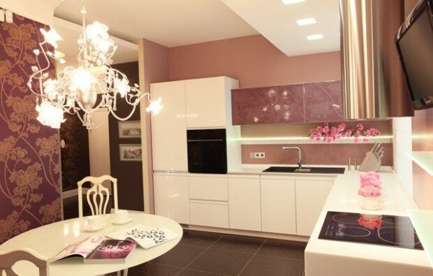 L Shape Kitchen In The Home L Shape Kitchen with Soft Pink Design 620x395 L Shape Kitchen In The Home