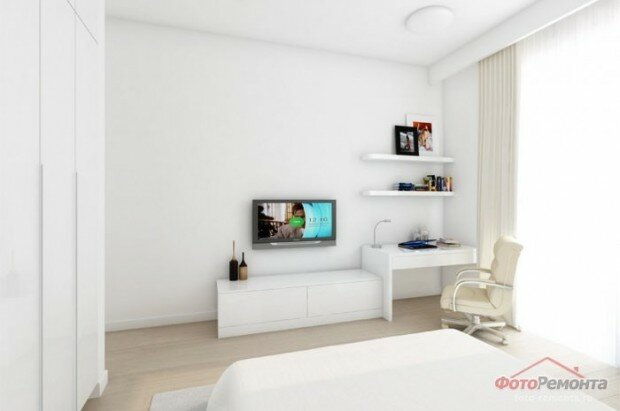 Minimalist Bedroom Design Minimalist White Bedroom With LCD in the Wall 620x411 Minimalist Bedroom Design